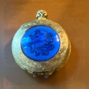 Max Factor Aquarius Perfume Locket Pendant Blue Glass Zodiac Gold Tone Vintage